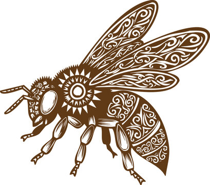 An engraving art ornate honey bee insect illustration in brown tribal style