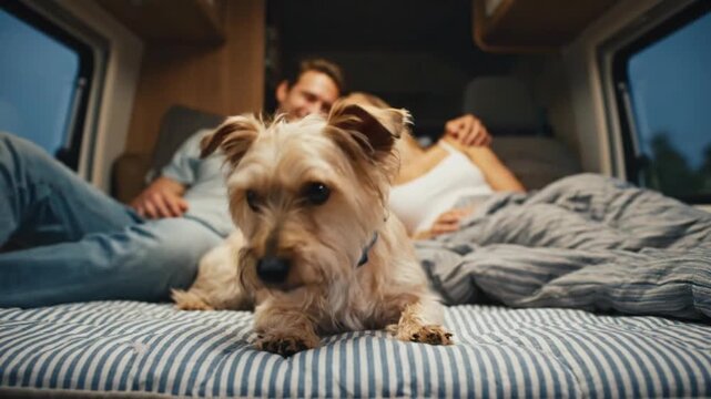 Cute Small Terrier Dog Relaxing on a Bed Inside a Cozy Camper Van with a Happy Young Couple in the Blurred Background