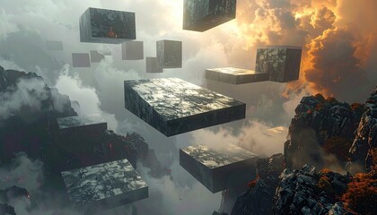 Floating stone cubes above a dramatic landscape with fiery skies