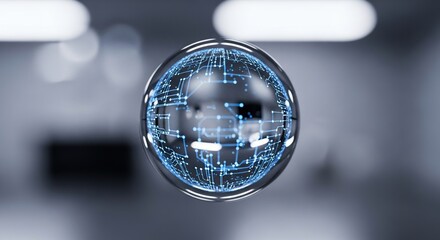 Futuristic blue globe with digital network connections floating in modern space