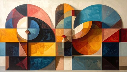 Abstract geometric artwork, faces with squares, circles, triangles, in diverse colors