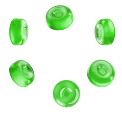 a dynamic arrangement of six green hard candies, showcasing various angles and perspectives of their shiny, circular, and slightly domed surfaces against a pure transparent background