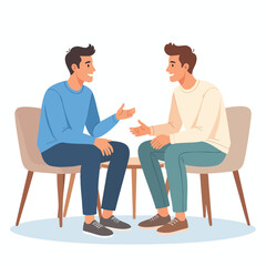 Fototapeta premium Two men engaged in conversation while seated on chairs facing each other in a relaxed setting