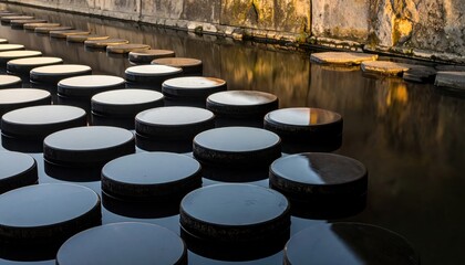 Circular stepping stones traverse calm water, lit by warm sunlight