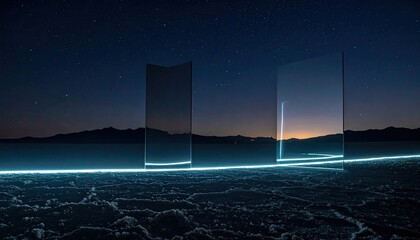 Mirrors reflect the night sky in a vast expanse with a glowing line