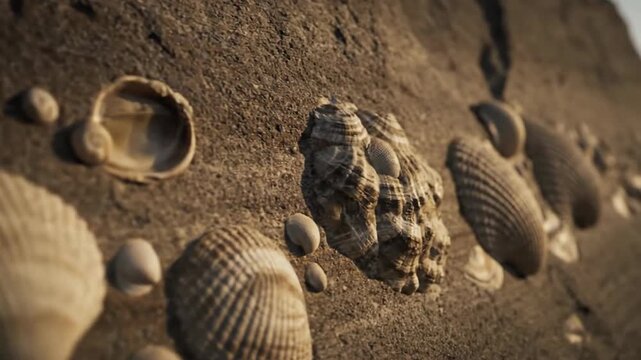 Close-Up Details of Seashells Arranged Neatly on a Sandy Surface in Natural Light.