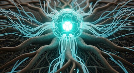 Glowing neural network with vibrant blue connections and roots