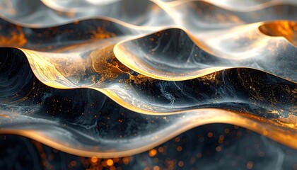 Abstract undulating waves with glowing orange embers and wispy tendrils
