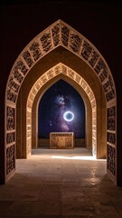 Ornate archway frames celestial vista, table below a bright moon