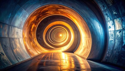 A spiraling tunnel of light, reflecting an orange and blue sky