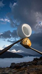Abstract sculpture balancing orb atop stone and metal against cloudy sky
