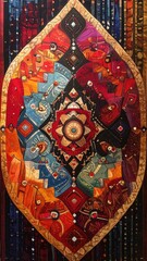 Abstract art, ornate leaf shape, jewel tones, detailed design and textures