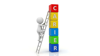 Career Growth Concept with 3D Human Climbing Ladder to Success Blocks