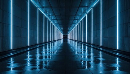 Long, futuristic, blue-lit corridor reflects light; vanishing point