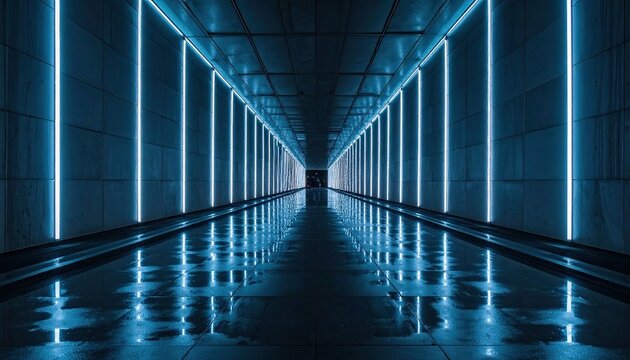 Long, futuristic, blue-lit corridor reflects light; vanishing point