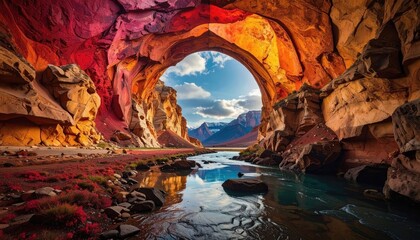 A vibrant cave opening framing a river flowing to majestic mountains