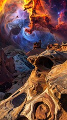 Cosmic scene blending desert rock formations with celestial nebulas