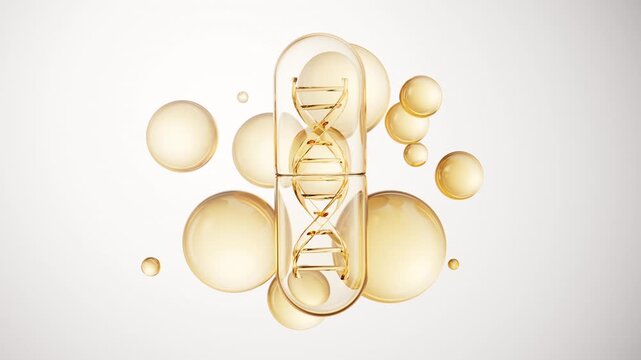 3d animation of golden dna capsule floating among oil serum bubbles
