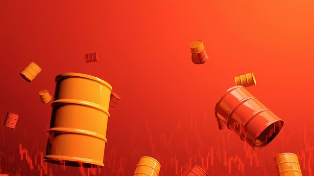 Global oil supply disruption, oil barrels suspended in midair with gaps between them, minimal composition, professional economic news style