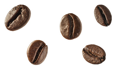 Obraz premium Flat lay set of roasted coffee beans isolated on white background. Top view collection of aromatic arabica grains. Caffeine ingredient pattern.