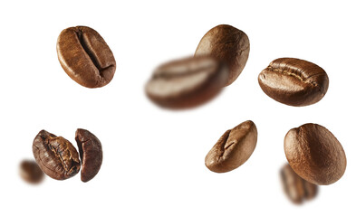 Obraz premium Flying roasted coffee beans with depth of field effect isolated on white background. Levitating aromatic arabica grains. Macro closeup of caffeine ingredient.
