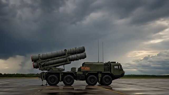 Mobile missile launcher system stands ready against a dramatic, stormy sky background.
