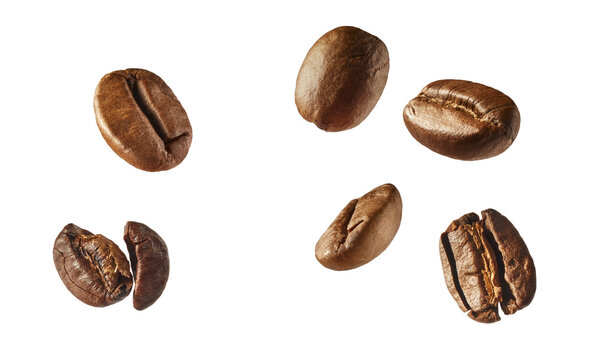 Flat lay set of roasted coffee beans isolated on white background. Top view collection of aromatic arabica grains. Caffeine ingredient pattern.