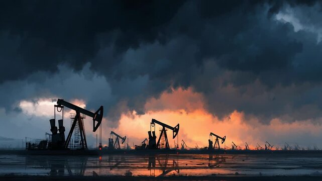 Geopolitical oil conflict concept, oil rigs silhouetted against dramatic sky, tension and uncertainty mood, clean commercial illustration, oil war