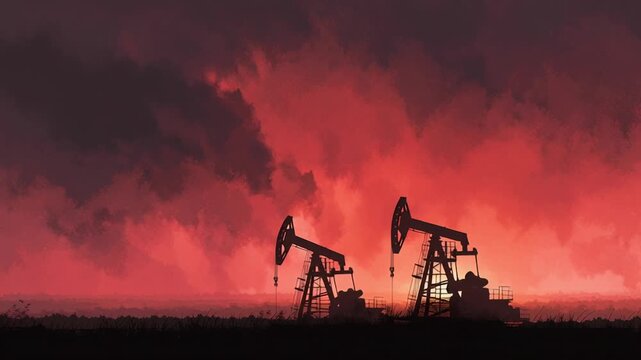 Geopolitical oil conflict concept, oil rigs silhouetted against dramatic sky, tension and uncertainty mood, clean commercial illustration, oil war