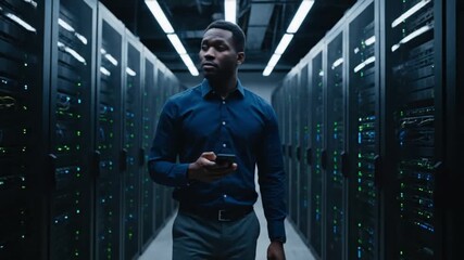 Professional IT Specialist Using Smartphone While Monitoring Server Racks in High-Tech Modern Data Center Infrastructure Facility - Powered by Adobe