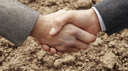 Handshake over bare earth, symbolizing business agreement, partnership, land deal, or development project