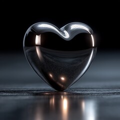 Elegant 3D Chrome Heart on Dark Reflective Surface, Luxury Metallic Valentine's Day Illustration for Romantic Design