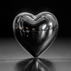 3D Glossy Chrome Metallic Heart on Dark Reflective Surface, Modern Minimalist Valentines Day Concept Illustration