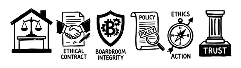 Set of hand-drawn black icons representing business ethics concepts like trust, policy, integrity, and contracts in a simple, bold sketch illustration style