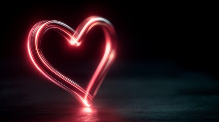 Glowing Red Neon Heart Light Painting on Dark Textured Surface, Abstract Romantic Love Symbol for Valentine Day Background