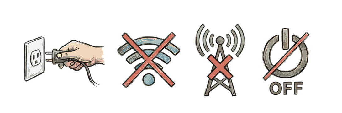 Hand-drawn icon set illustrating disconnection concepts with a hand unplugging a cord, no wifi, no signal, and a power off symbol in a colorful sketch art style