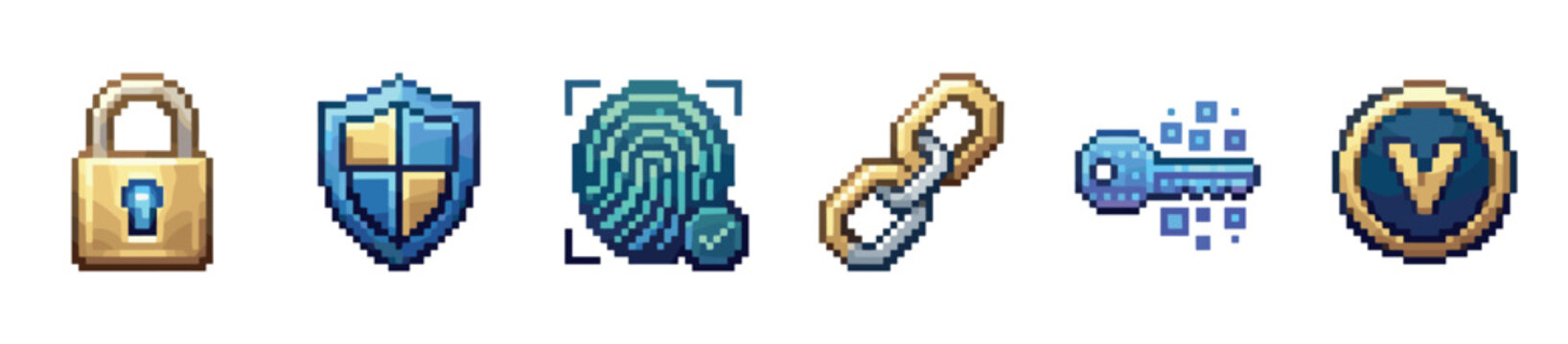 Pixel art security and protection icon set with a padlock, shield, fingerprint, chain, digital key, and badge, illustrated in a retro 8-bit video game graphic style