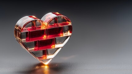 Glowing Red Glass Block Heart 3D Render on Dark Textured Background with Copy Space for Valentines Day