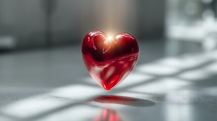 Levitating Glossy Red Heart 3D Render with Sunburst and Shadow on Bright Textured Floor for Valentines Day Love Concept
