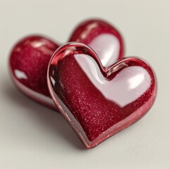 Two Glossy Red Glass Hearts with Glitter Inside 3D Render on Bright Textured Background for Valentine's Day and Love Concept