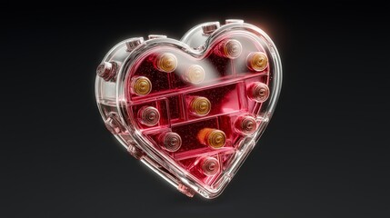 Transparent Red Heart Shape with Construction Block Studs 3D Render on Dark Background for Valentines Day Concept