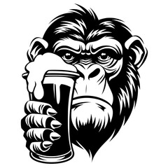 stylized black white monkey face portrait holding beer glass, bold graphic animal illustration for bar pub fun character.