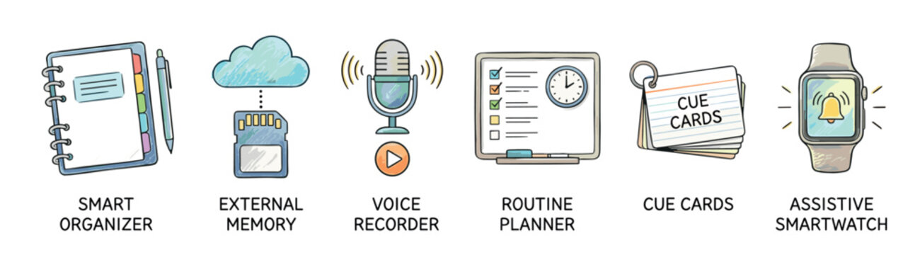 Set of six assistive technology icons for memory and cognitive support, including a planner, recorder, cue cards, and smartwatch, presented in a colorful hand-drawn illustration style
