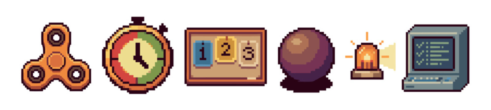 Set of pixel art video game assets featuring a fidget spinner, stopwatch, numbered board, crystal ball, flashing alarm light, and retro computer terminal