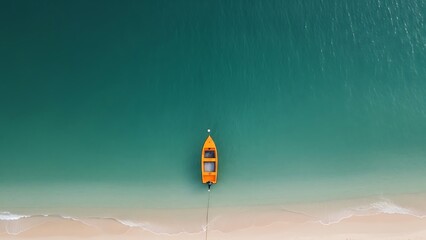 Aerial view of a boat on calm turquoise water near the sandy beach