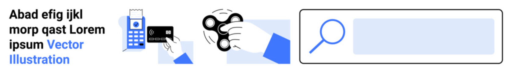 Online shopping, financial tools, entertainment, search engines, digital transactions, exploration. a credit card reader, spinner and magnifying glass. Online shopping and financial tools concept