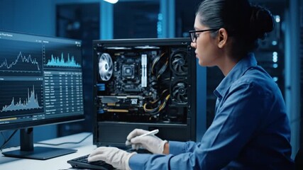 Professional Female Computer Technician Examining High-End Graphic Card Component While Building Custom PC in High-Tech Laboratory Setting.