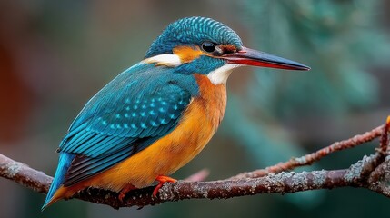 Obraz premium Kingfisher bird perched on a branch with a small fish in its beak, colorful feathers, blurred green background, nature detail 
