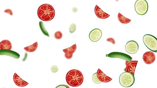 Raining Cucumber and Tomato Slices on White Background
