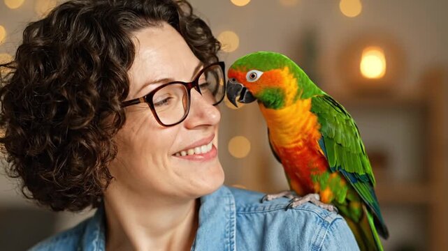 Happy Woman with Vibrant Sun Conure Parrot Perched on Her Shoulder - Heartwarming Human and Bird Interaction at Home